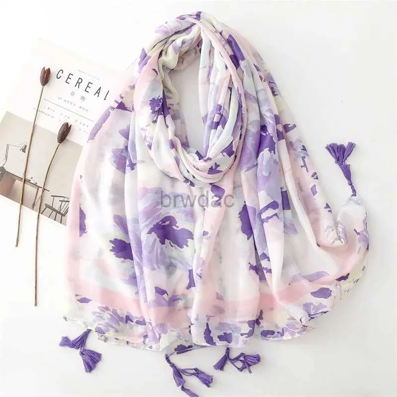 Sarongs Ombre gradient painting floral tassel adhesive shawl with high-quality printed soft Pashmina Tor Muslim headscarf Sjaal 180 * 90Cm 24325