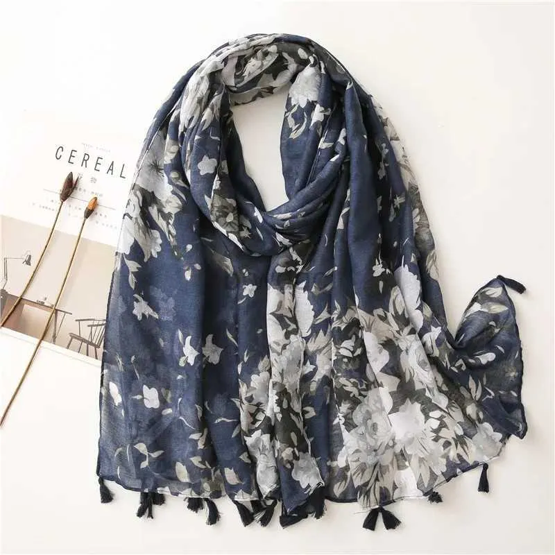 Sarongs Womens Autumn Navy Blue Abstract Flower Adhesive Shawl High Quality Printed Packaging Pashmina Snow Bufandas Muslim pannband 180 * 90 cm 24325