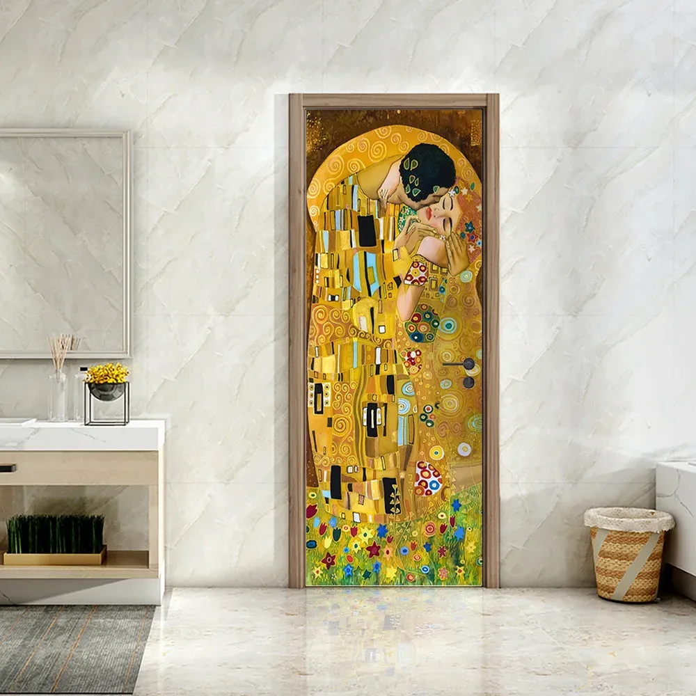 Stickers Gustav Klimt Art Print Door Sticker El Beso Klimt Prints Painting Door Decor Classical Door Poster Living Room Home Door Decor