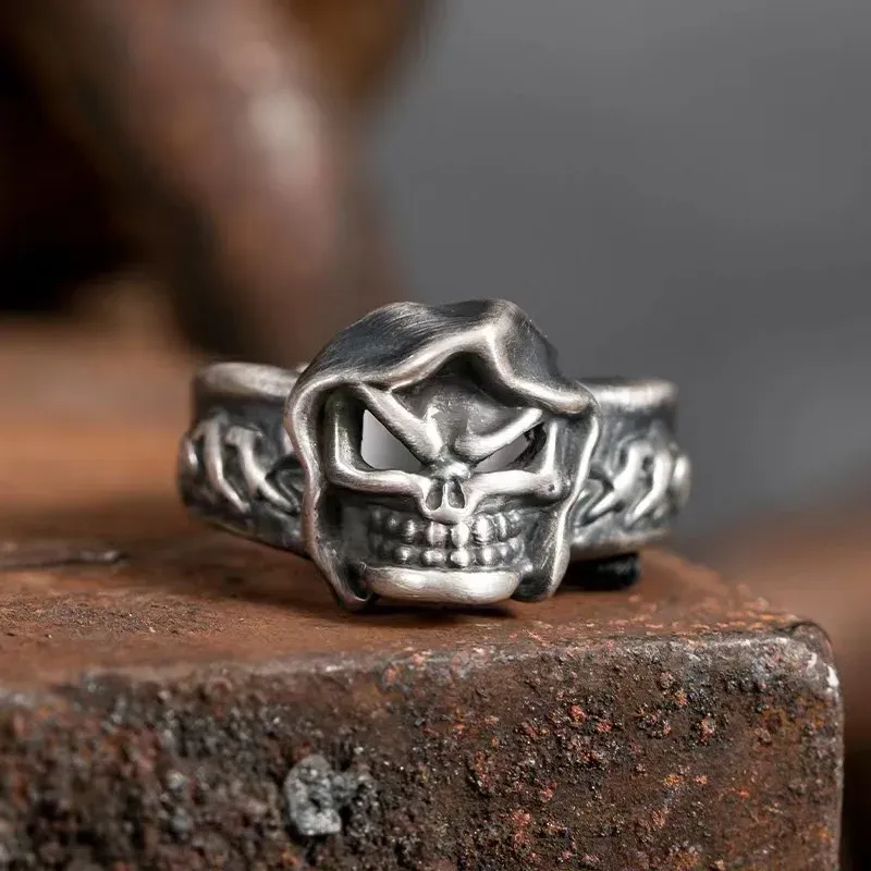 Vintage Gothic Grim Reaper 14K White Gold Rings for Women Men Demon Hooded Skull Titanium Silver Color Hip Hop Rock Fashion Jewelry Gifts