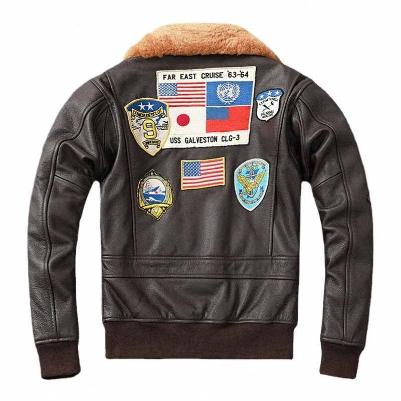 USS Galveston パッチ付きレザージャケット Men's Hooded Aviator Bomber G1 Flight Jacket Cowhide Leather Coat