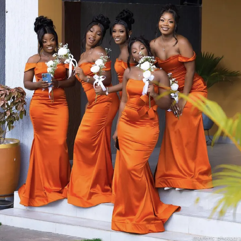 2024 Newest Orange Off-Shoulder Mermaid Orange satin bridesmaid dresses with Lace-Up Back - Elegant Floor Length Maid of Honor Gown for Wedding Party