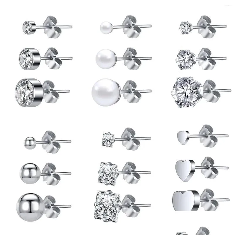 Stud Earrings Zs 16P/18P/Lot 20G Chic Crystal For Women Heart Ball Stainless Steel Ear Studs Set Girl Pearl Jewerly Drop Delivery Jewe Oto0V