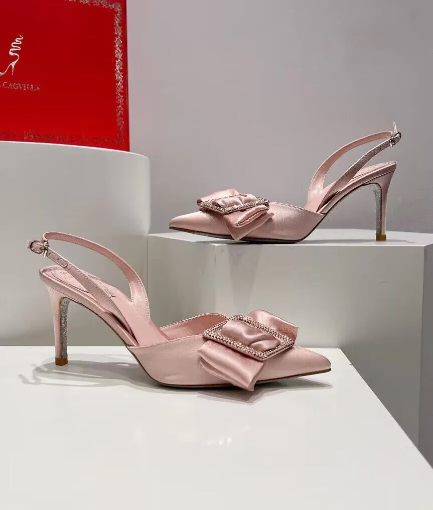 Top Luxury Design Renecaovilla Sara Sandals Shoes Women Heels Slingback bow Embellished With Sparkling Rhinestones Walking Wedding Party High Heel Dress Shoe Box