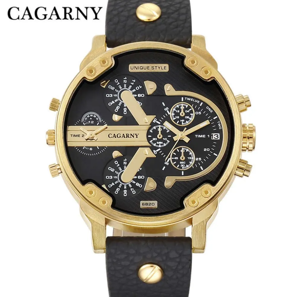 Luxury Cagarny Quartz Watch Men Black Leather Strap Golden Case Dual Times Military dz Relogio Masculino Casual Mens Watches Man X3144