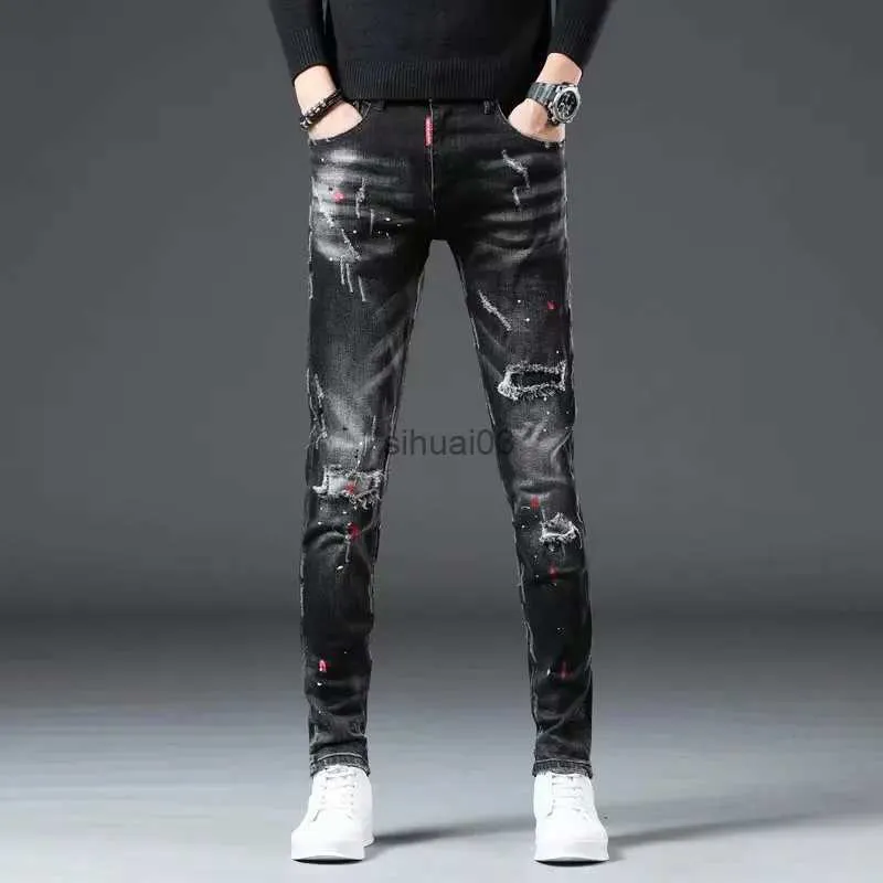 Jeans masculinos high street 2022 moda casual rasgo jeans masculino remendo juventude jeans pintura respingo tinta preto lápis calças jeans apertados mensl2403