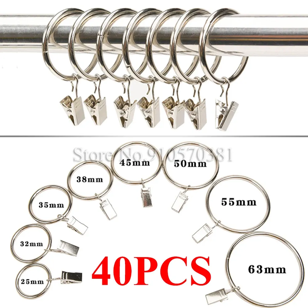 Schienen 40 Stück Vorhangringe mit Clips Haken rostfreies Metall Edelstahl Vorhang für Spannstangenhalterung Ösen dekorative Kleiderbügel