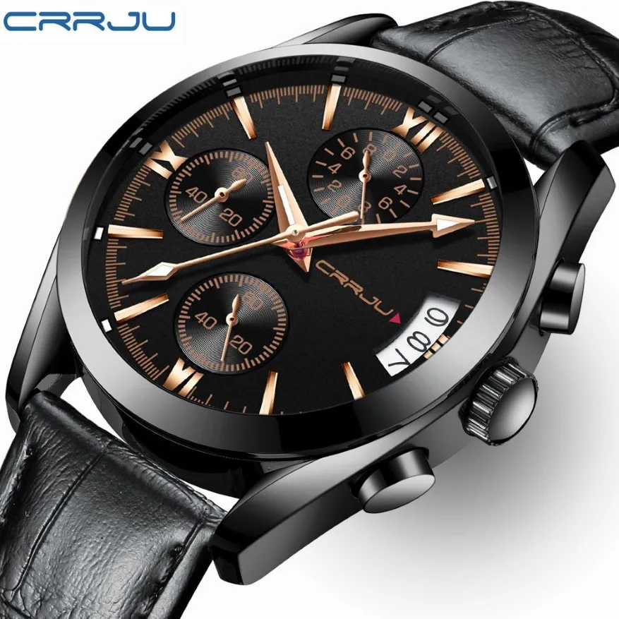 CWP CRRJU MEN MIRICIAL WATHES MALE BLACK DIAL BUSINESクォーツウォッチメンズレザーストラップ防水時計日MULTIFUNCTION244Y