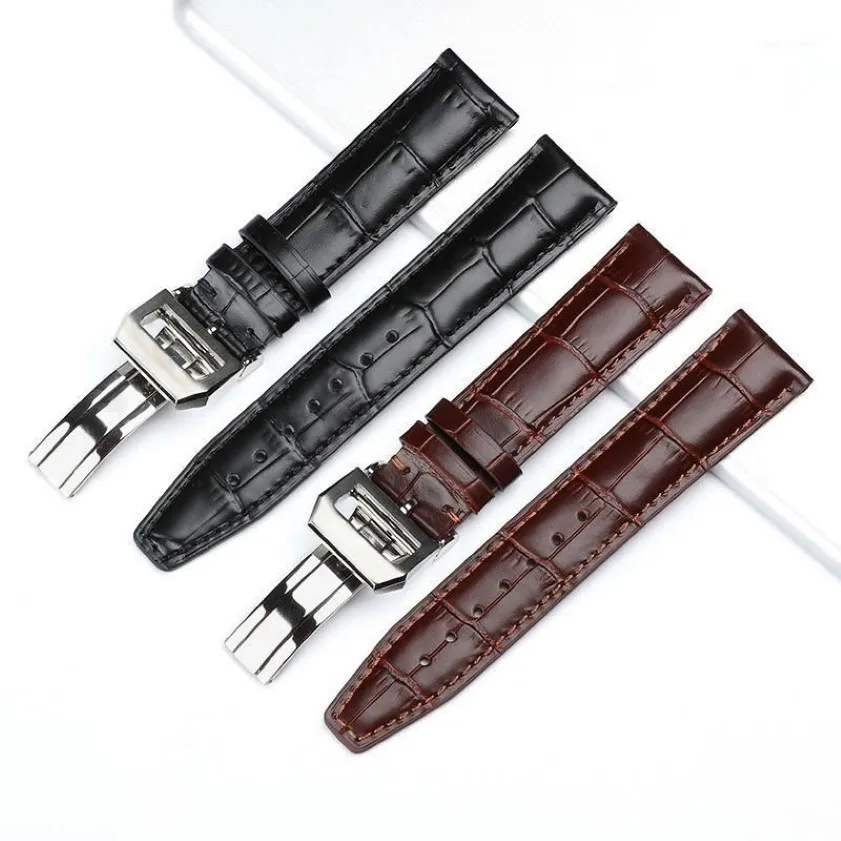 Äkta läder Watchband Black Brown Watch Strap With Imployment Clasp Fit For 's 20mm 22mm Replacement Armband1 Bands258C