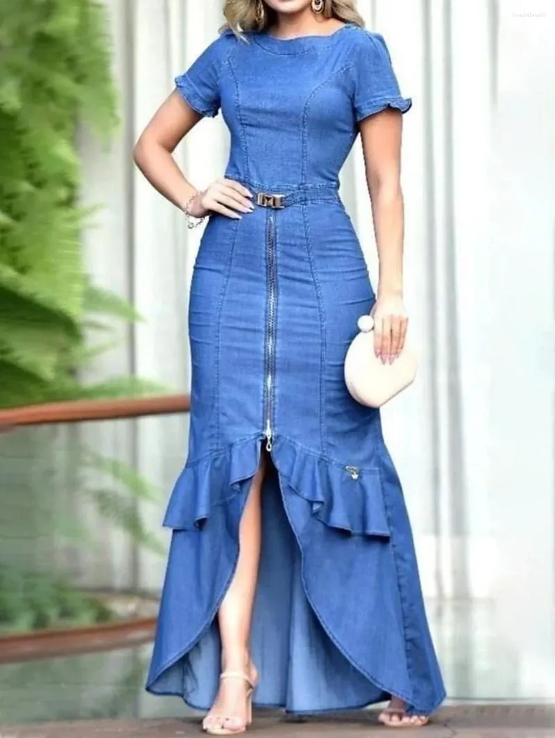 Party Dresses Women Plain Boat Neck Short Sleeved Tulip Hem Maxi Denim Bodycon Dress Fashion Casual Long Vestido