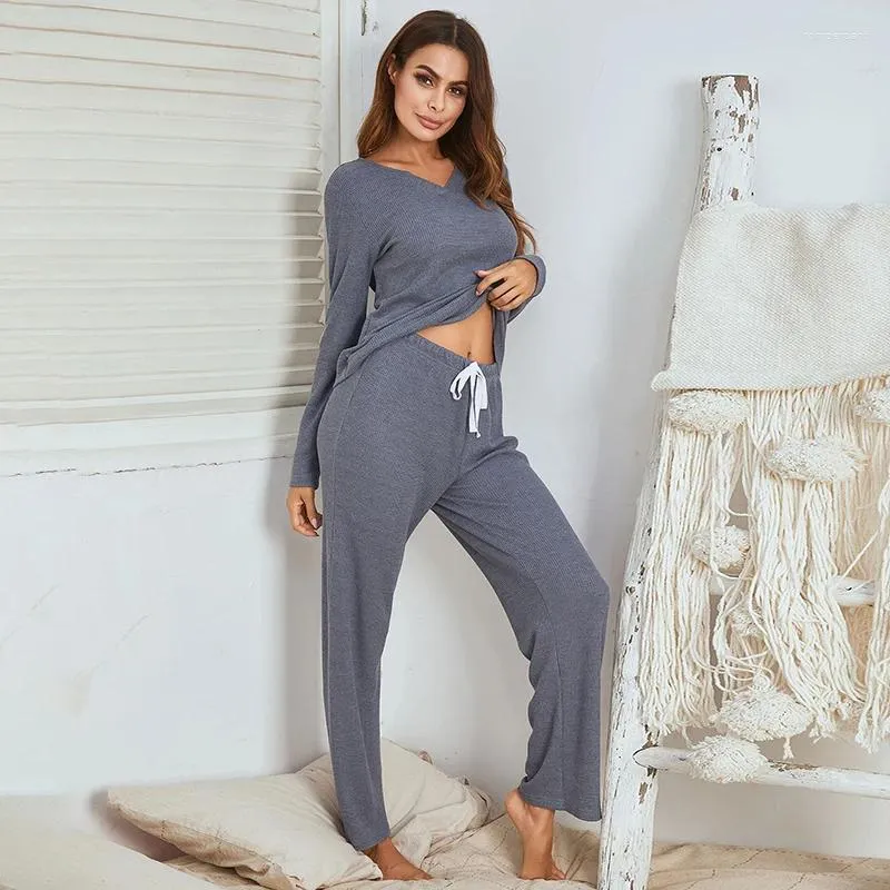 Kvinnors sömnkläder Autumn Home Clothes Pyjamas byxor Mjuk våffla Knit 2 -stycken Loungewear Pyjamas Pijama Female Night Wear PJS Suit