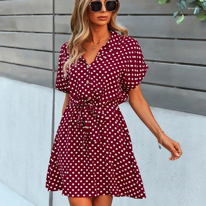 Party Dresses Summer Women's Office Boho Dot Pattern Lady Casual Mini Dress Women Bow-Knot Short Sleeve Loose Soft Females