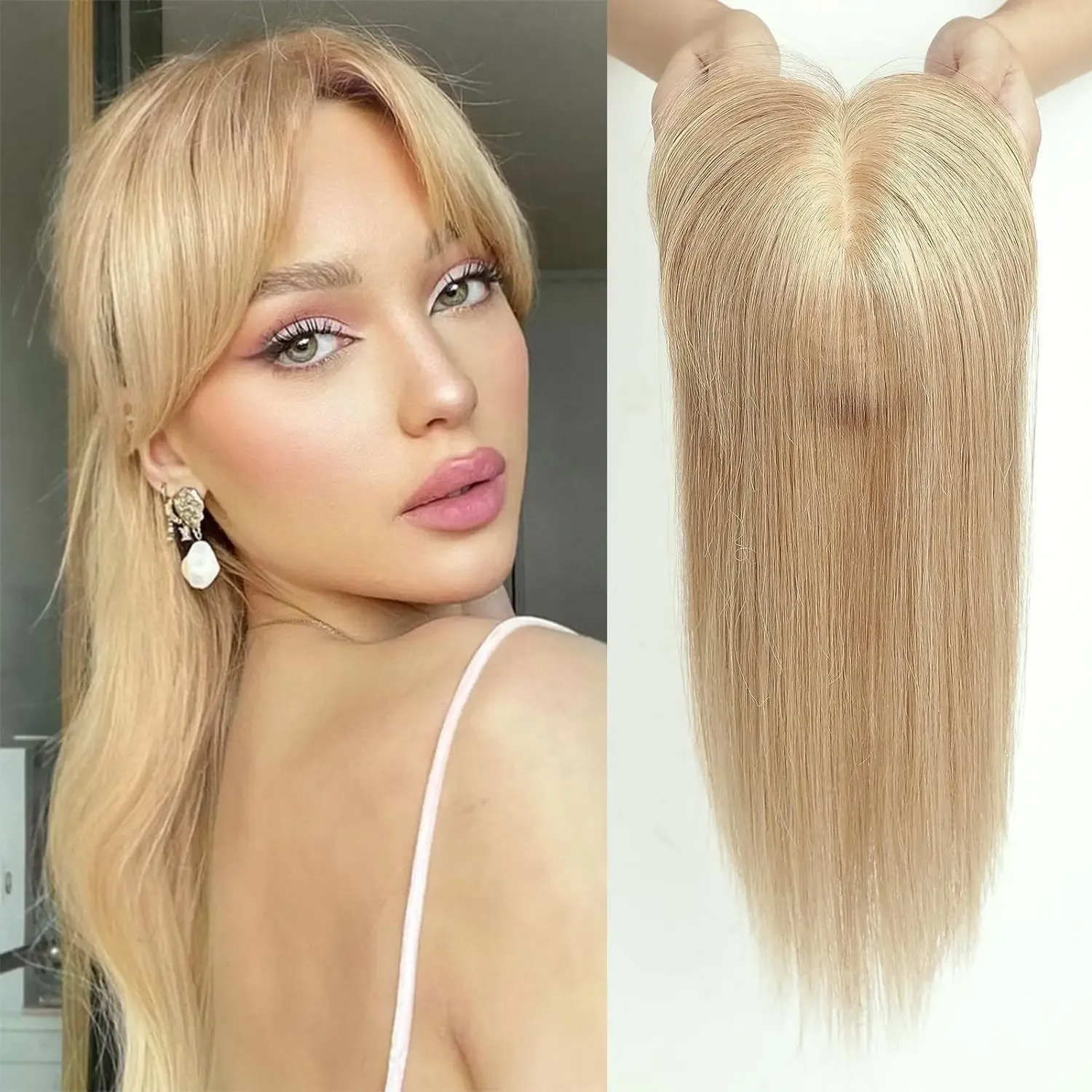 Toppers 100% REMY Human Hair Toppers с челкой медовые светлые волосы кусочны шелковые базовые зажима в верхних волосах для женщин с истончающими волосами