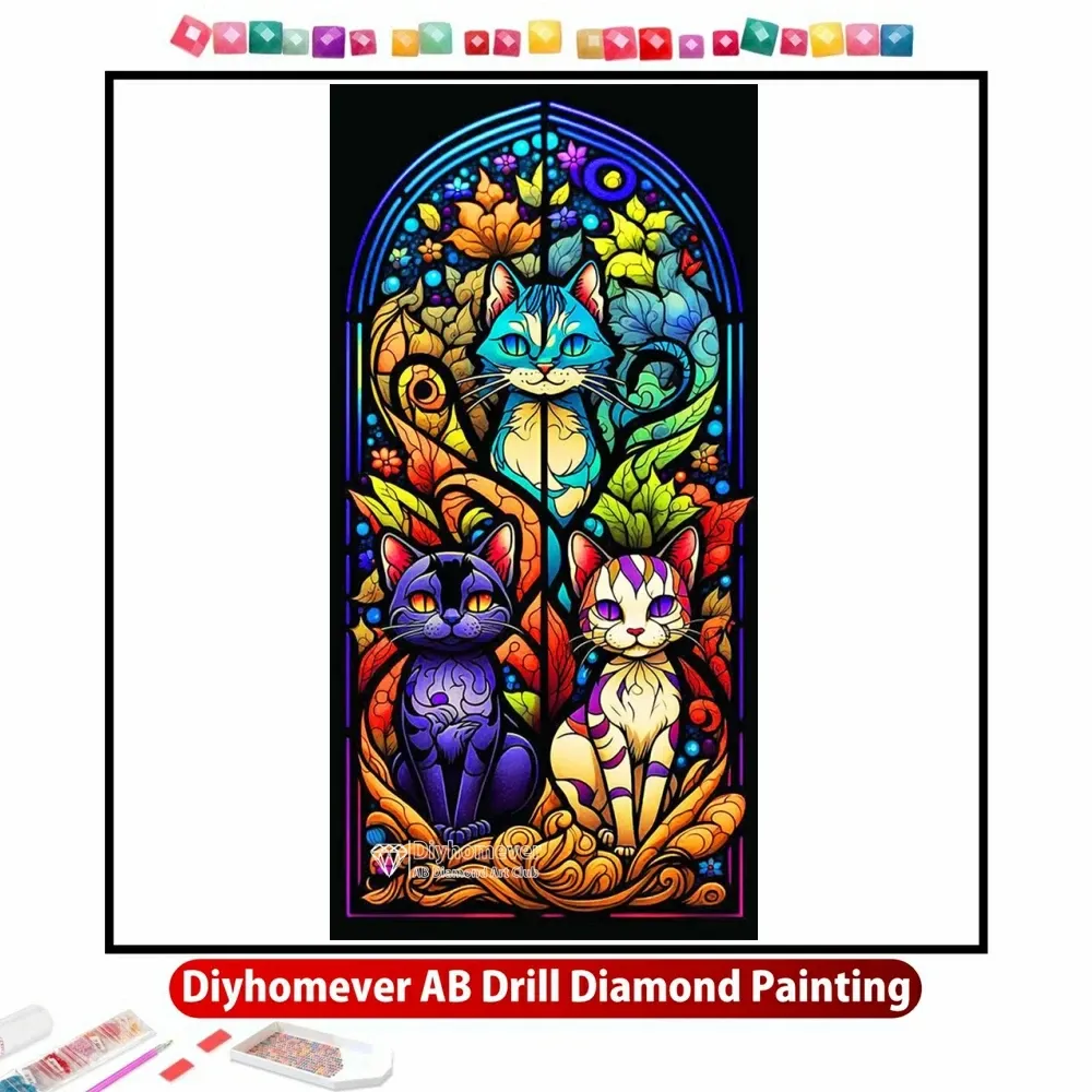 Stitch Stained Glass Cat 5d DIY AB Borrar Diamond Målning Konst Cross Stitch Cartoon Animal Mosaic Bilder Broderi Heminredning gåva