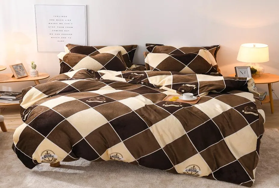 Bedding Sets 2021 Bed 4pcs Fannel Fabric Set Duvet Cover Sheet Pillowcase King Queen Size Brown Plaid Linen5199844