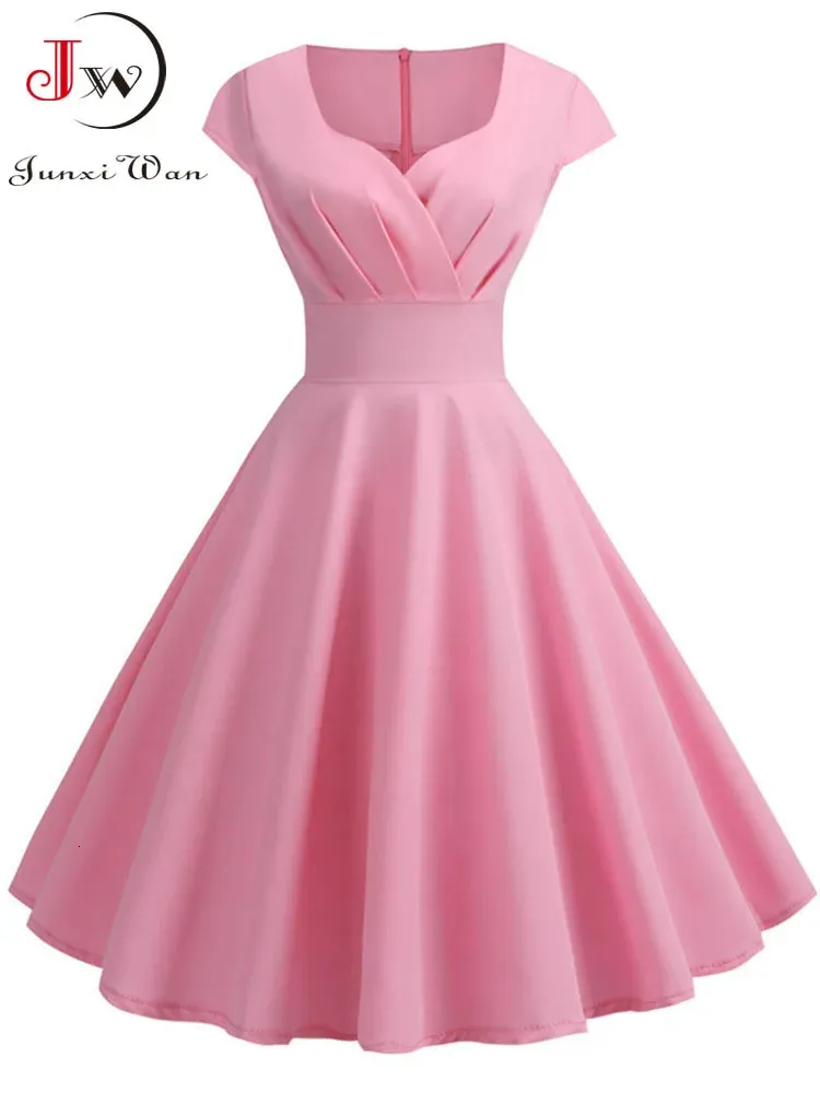 Pink Summer Dres V Neck Big Swing Vintage Dress Robe Femme Elegant Retro pin up Party Office Midi Dresses 240315