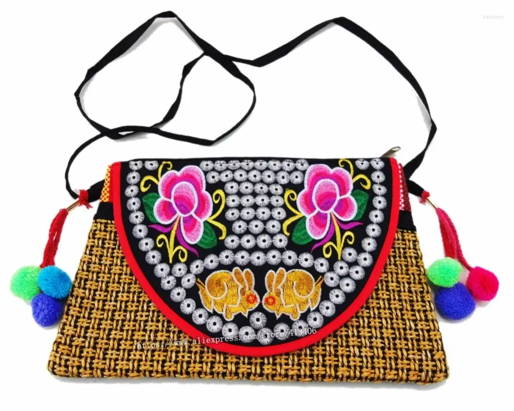 Shoulder Bags Vintage Hmong Tribal Ethnic Thai Boho Bag Message Linen Handmade Embroidery Tapestry Pom Charm SYS-470A