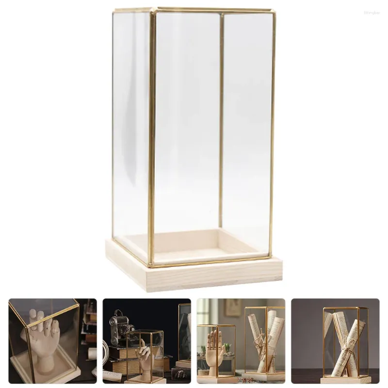 Vases Vintage Glass Cover Wooden Display Stand Dust-proof Model Holder Collection Collections Container Household Case Toys