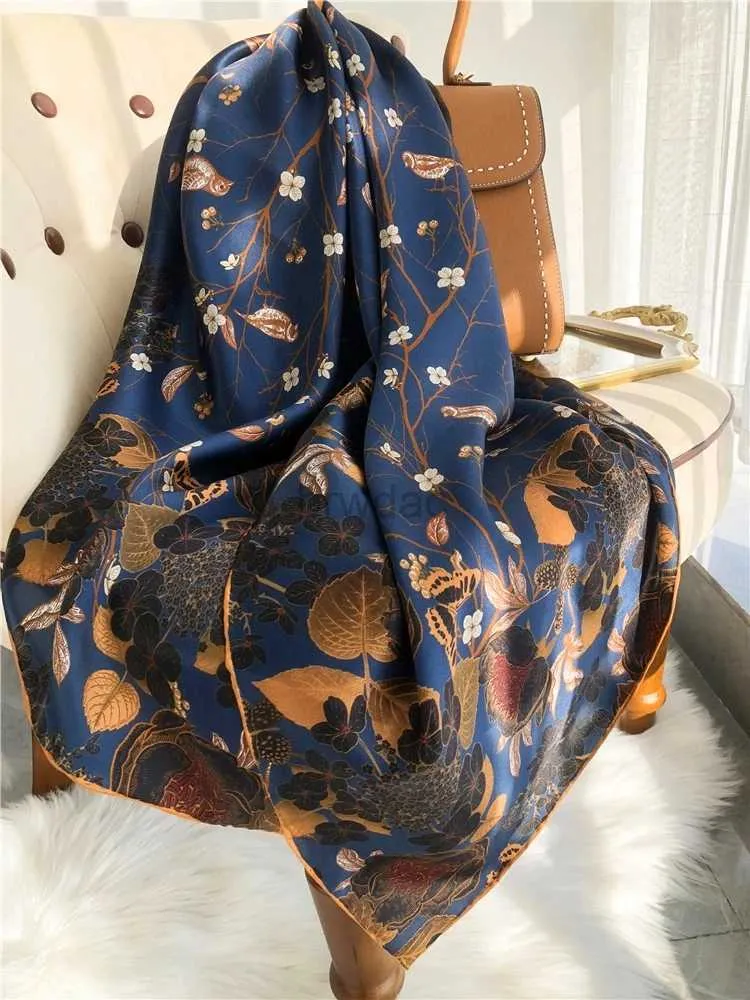 Sarongs Marineblau Kaffee Gold 100% Seidenschal Damen Foulard Herbst Blume Design Seidenschal Winter Langes Schal Stirnband 24325