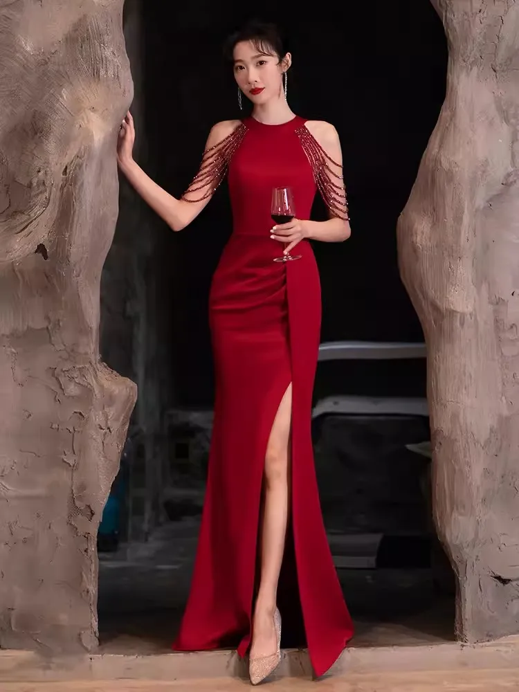 Vestido largo de cóctel para mujer, color rojo vino, con hombros descubiertos, abertura lateral, formal, fiesta de graduación, fiesta de noche