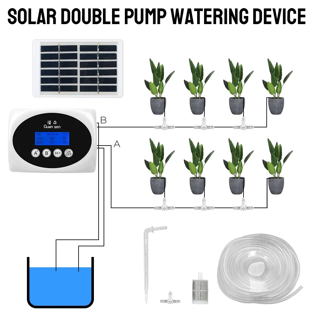 Kits Doppelpumpe Solar Tropfsystem Intelligentes automatisches Bewässerungsgerät für Pflanzen Timer Garten Tropfbewässerungsgerät Controller