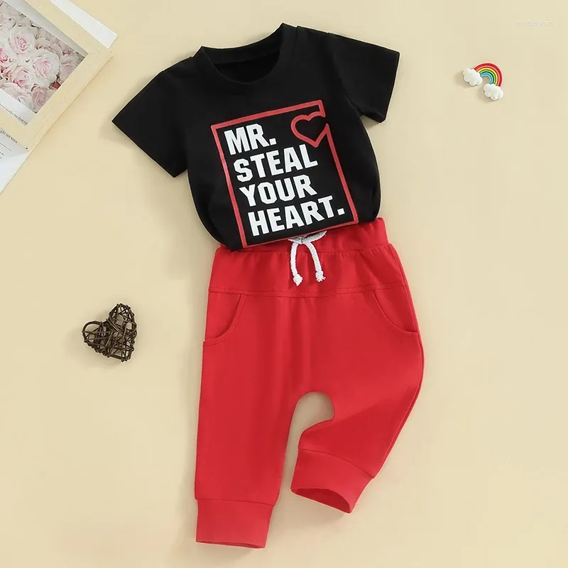 Ensembles de vêtements pour petites filles, tenues de saint-valentin, manches courtes, lettres imprimées, hauts et pantalons à cloche, ensemble de vêtements 2 pièces