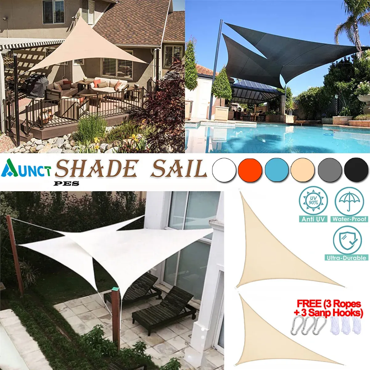 NETS AUNCT 300D Vattentät Sun Shelter Triangle Sun Shade Protection Outdoor Garden Patio Pool Shade Sunscreen Sail Awning Camping