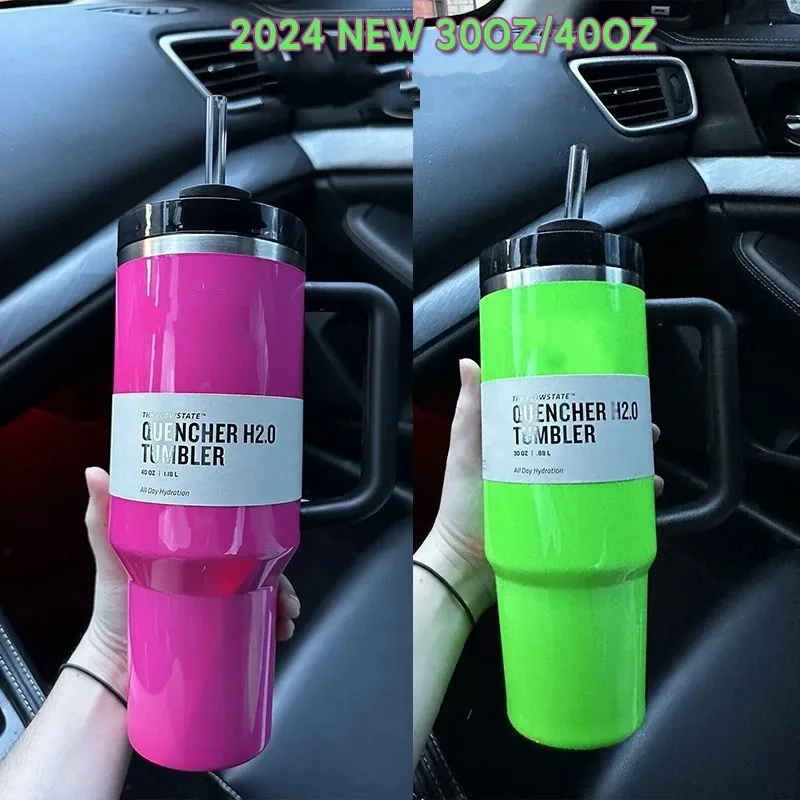 Néon rouge rose vert orange 40oz H2.0 gobelets en acier inoxydable tasses avec couvercle et tasses de voitures de voyage en silicone continuent de boire des bouteilles d'eau froide