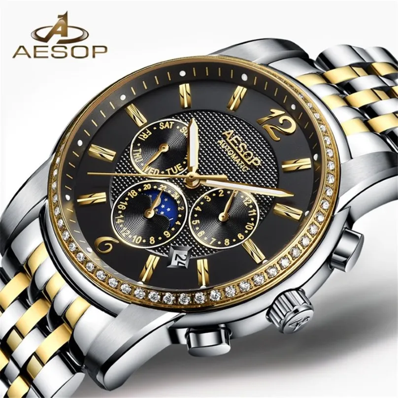 AESOP Luxury Brand Military Watch Men Moon phase Automatic Mechanical Watches Luminous Full Steel Waterproof Clock Men251k