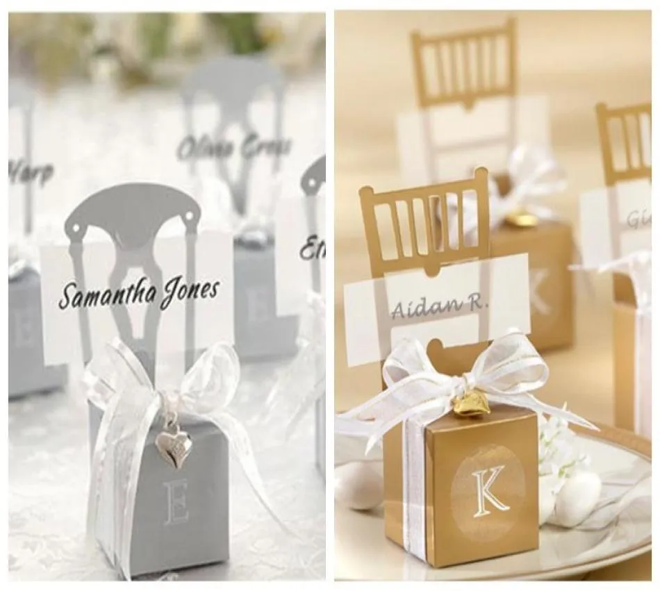 Wedding Decoration favor boxes of Silver and Gold Chair Favor Box with Heart Charm and Ribbon 120Pcslot For Party Gift box Candy 7509229