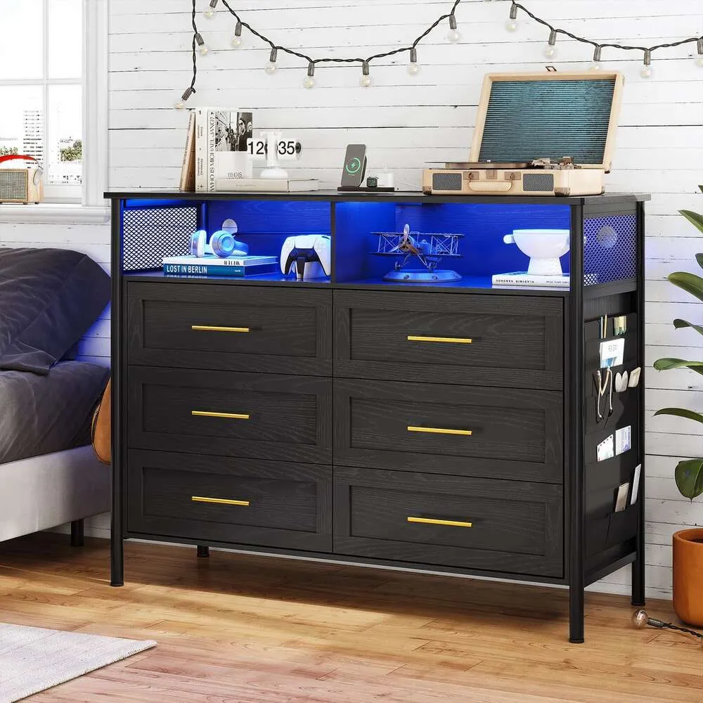 AOGLLATI Black 6 Drawers, Dressers Chests of Drawers with Charging Station & Cloth Pocket, Modern Led Wide Wood Dresser for Bedroom