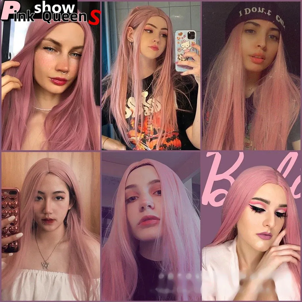 Matt syntetisk 13x4 spets fram peruk rosa kemisk fiber långt rakt hår frontala spets peruk cosplay party kändis hårpiece koreansk hög temperaturfiber peruk