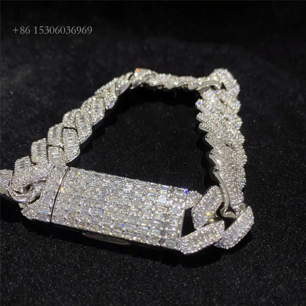 Hip Hop Jewelry 15mm بالكامل VVS Baguette Moissanite Diamond Men Bracelet Sier Iced Out Miami Cuban Rink Chain