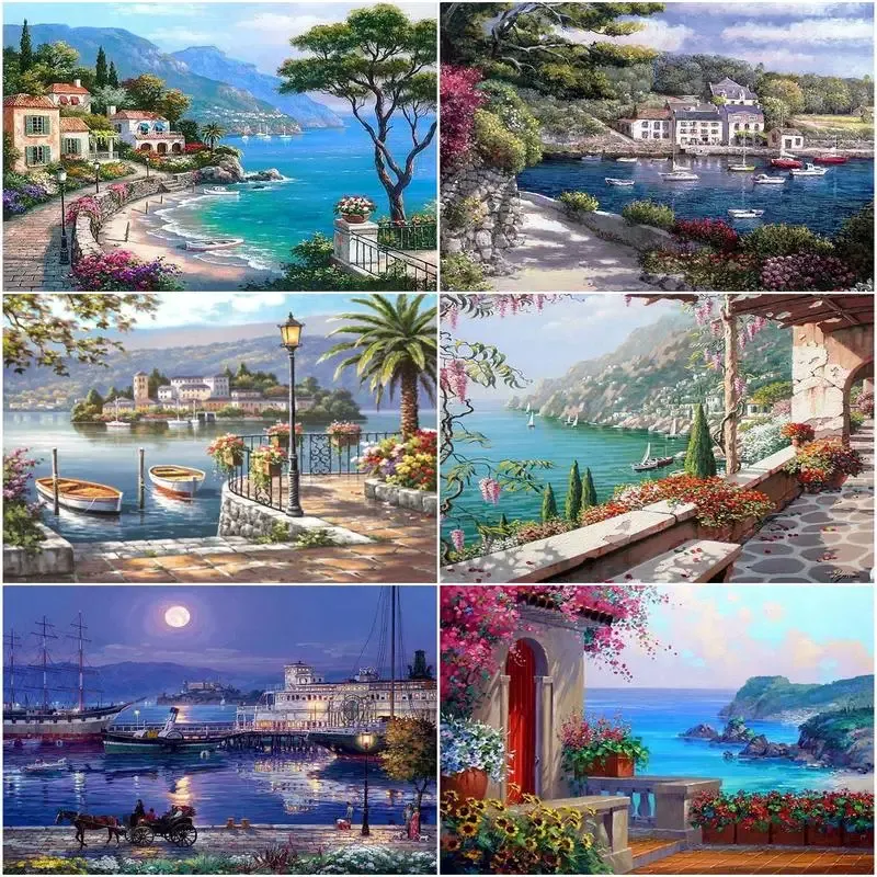 Número gatyztory diy pintura por números mar mediterrâneo paisagem imagem por número em tela decoração de casa arte de parede