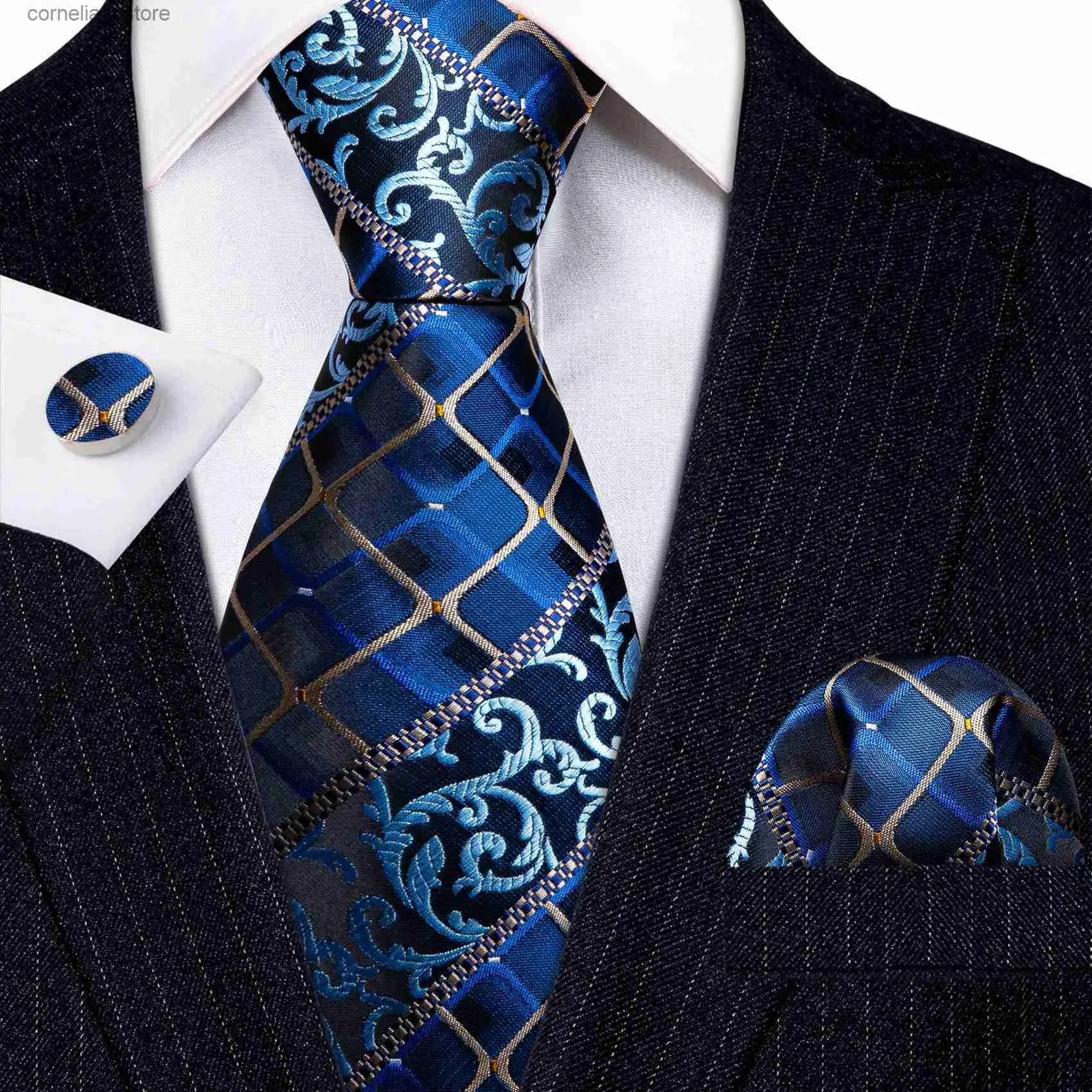 Neck Ties Neck Ties New Blue Plaid Silk Men Tie Wedding Gift Barry.Wang Designer 3PC NeckTie Handkerchief Cufflinks Set Business Groom LN-5810 Y240325