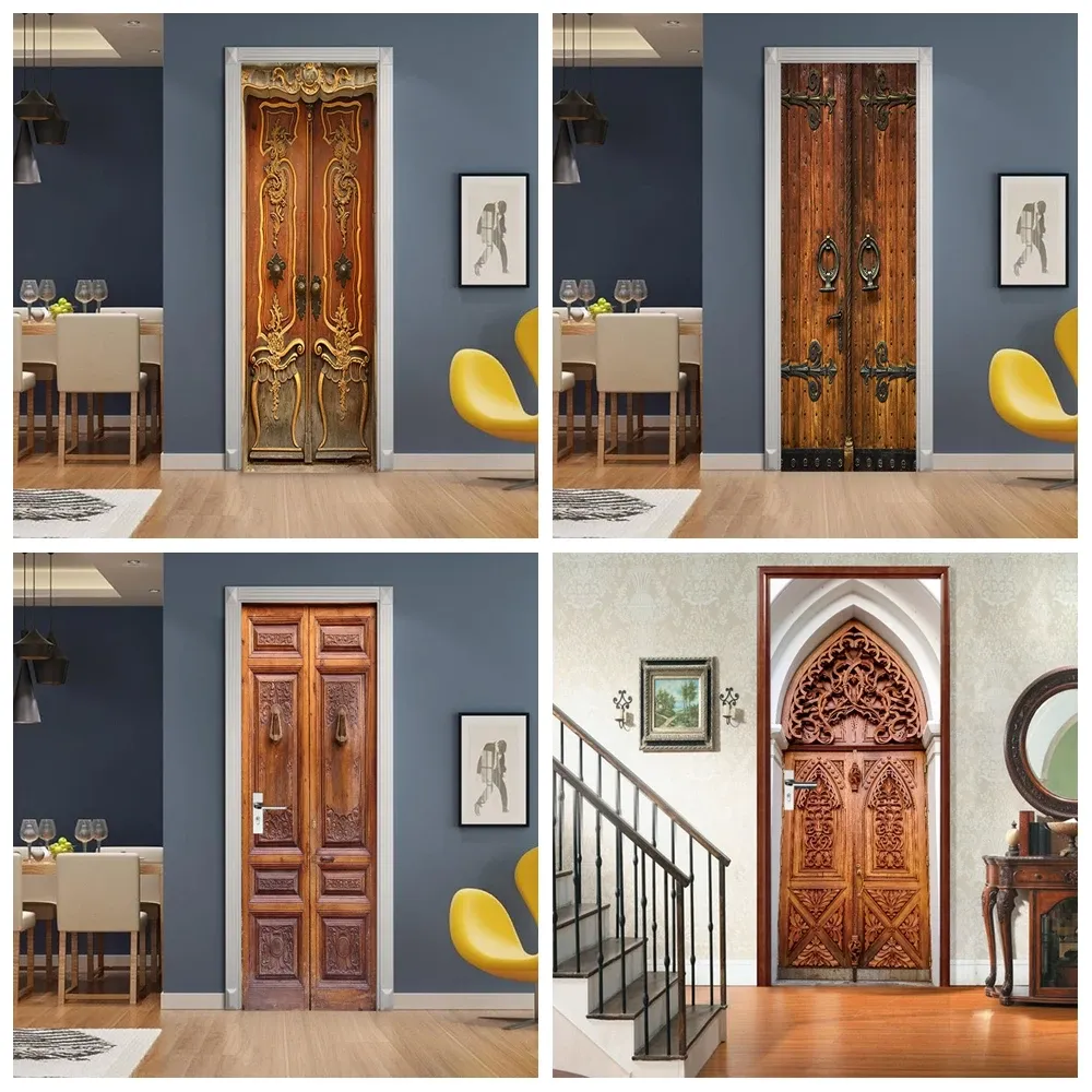 Stickers Removable Vintage Glorious 3D Wooden Door Sticker Modern Art Realistic Door Wallpaper For Living Room Home Decor Aesthetic