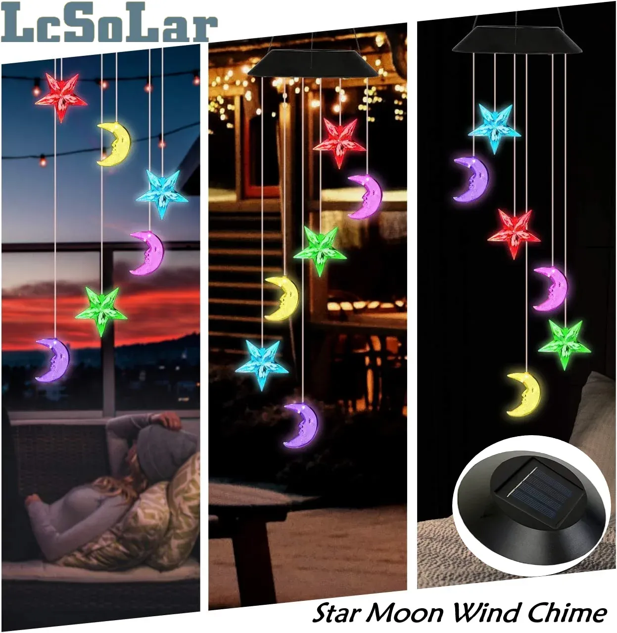 Carillons Carillon éolien solaire étoile solaire lune carillons éoliens extérieur intérieur couleur changeante lumière S crochet pour Patio cour jardin chambre arbre décor