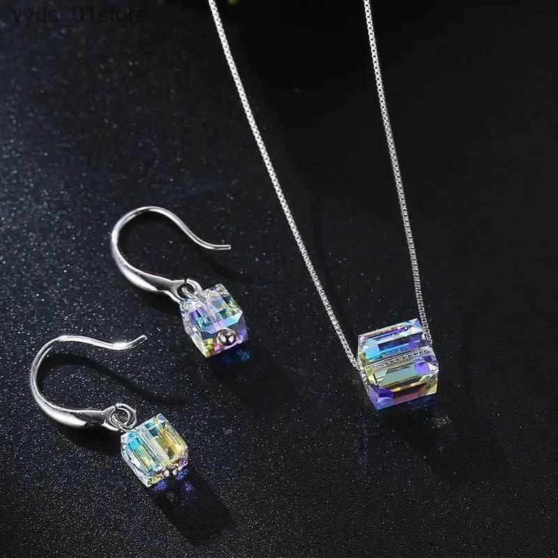 Boucles d'oreilles collier carré Cube cristal d'autriche ensembles de bijoux perles colorées pendentif collier couleur argent boucles d'oreilles pour femmes fête de mariage L240323