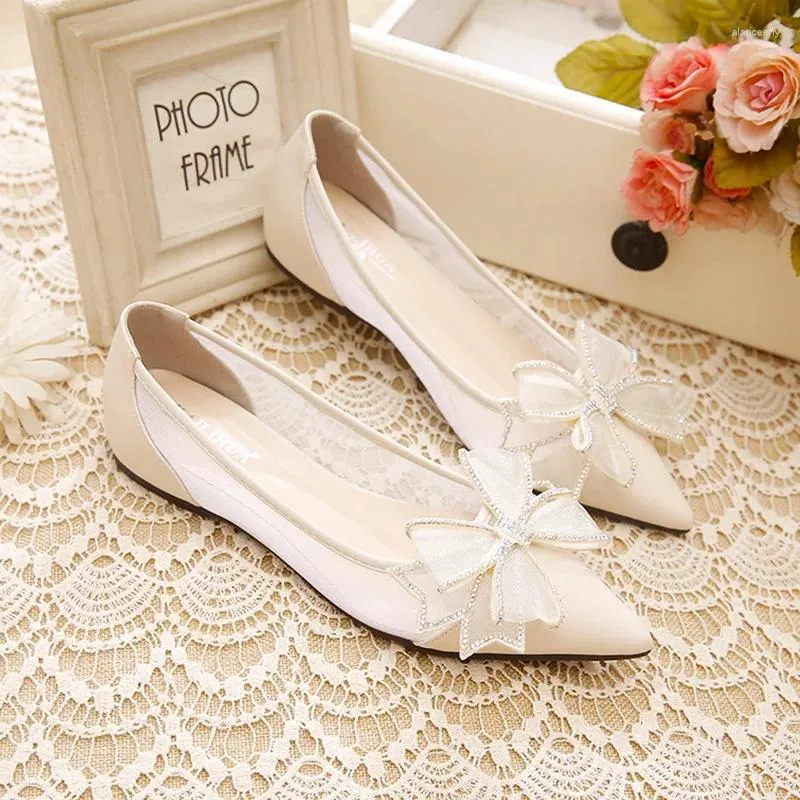 Casual Shoes 2024 Sexy Women Flat Mesh Fashion Women's Pointed Toe Bow-Knot Crystal Single Zapatos Mujer