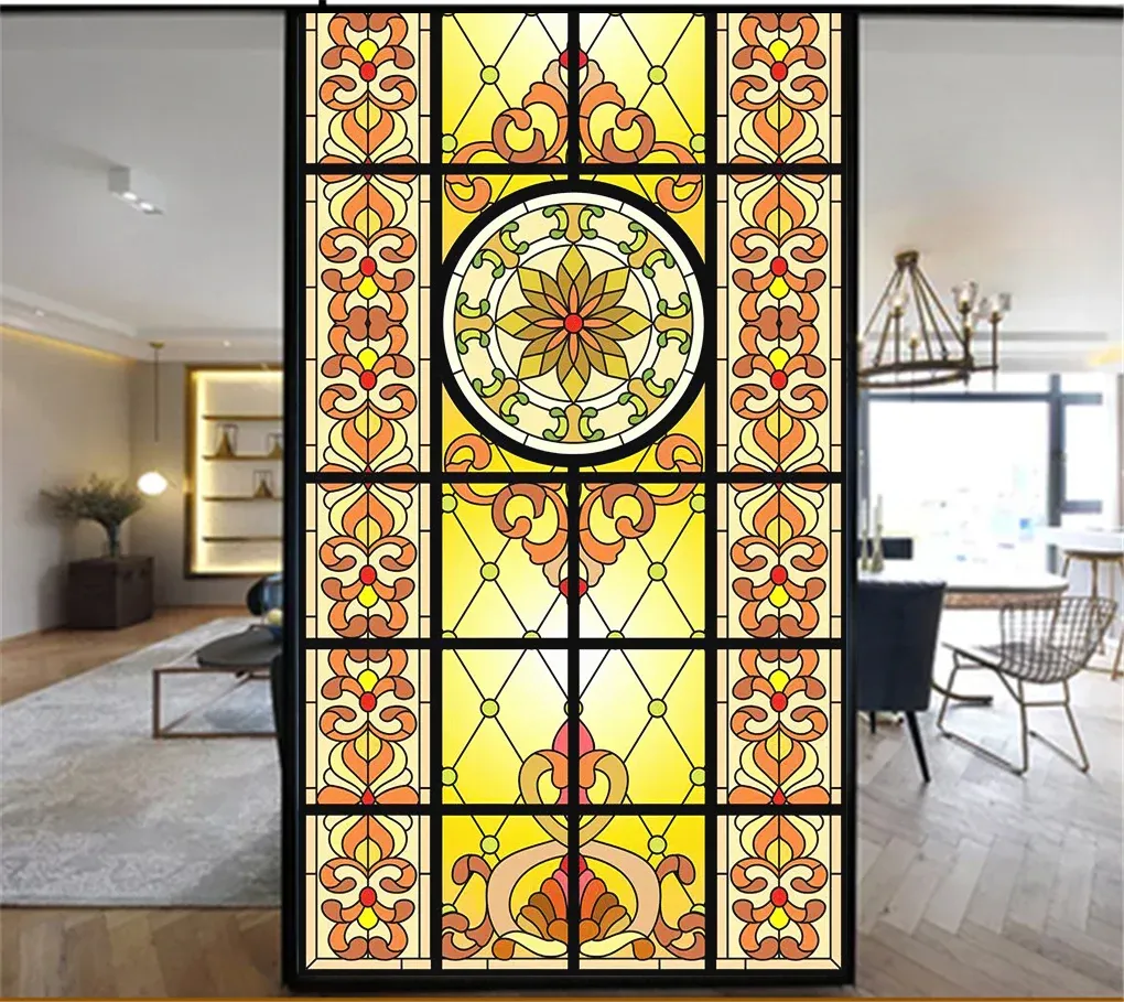 Filmer Privacy Windows Film Dekorativ kyrka Style Stained Glass Window Stickers Inget lim Static Cling Frosted Window Cling 38