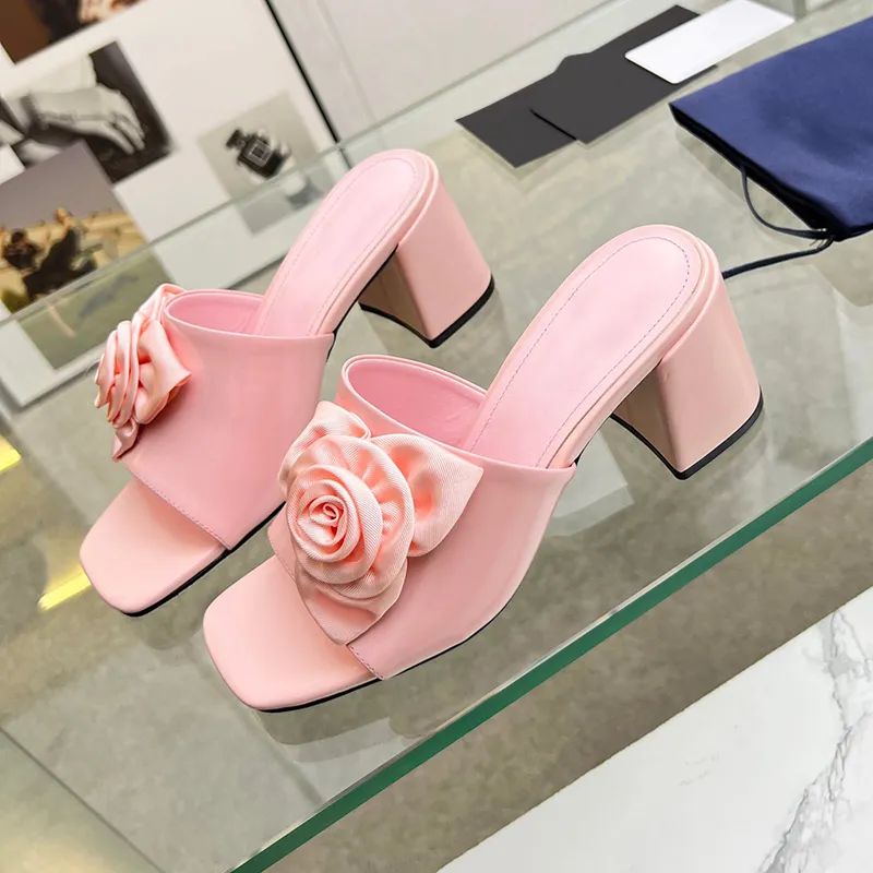 Summer New High-Quality Versatile Female Slippers Handmade Flower Design Banquet High Heel Sandals Genuine Leather Material Square Head Women`s Pumps