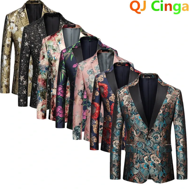Однобортный пиджак с длинными рукавами и принтом, мужская модная отделка, мужское платье, пальто, свадебный деловой пиджак Masculino M-5XL 6XL 240309