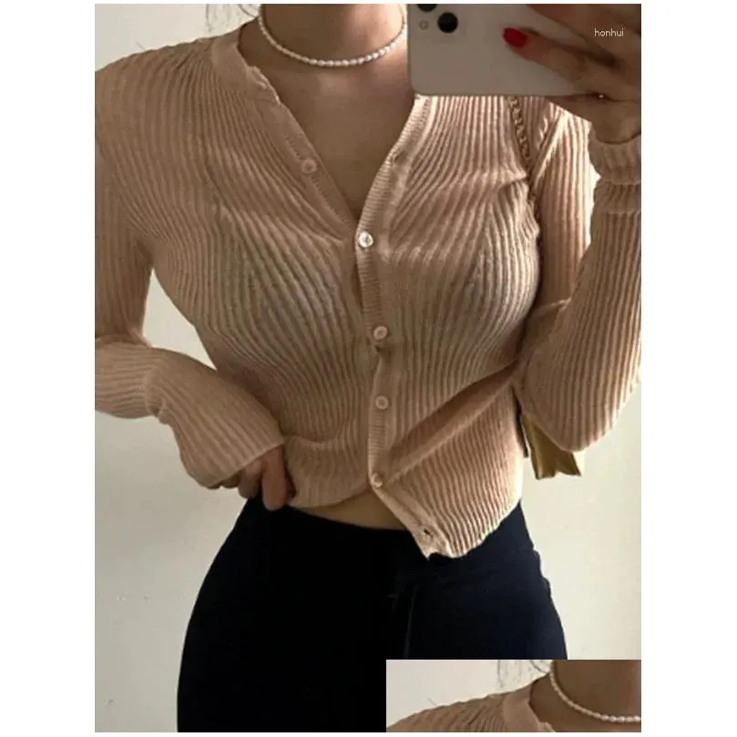 Womens Blouses Shirts Women Open Stitch T Solid Color Slim Fit Y Tied Button Thin Long Sleeve Knitted Cardigan Top For Autumn Xp59 Dro Otdgs