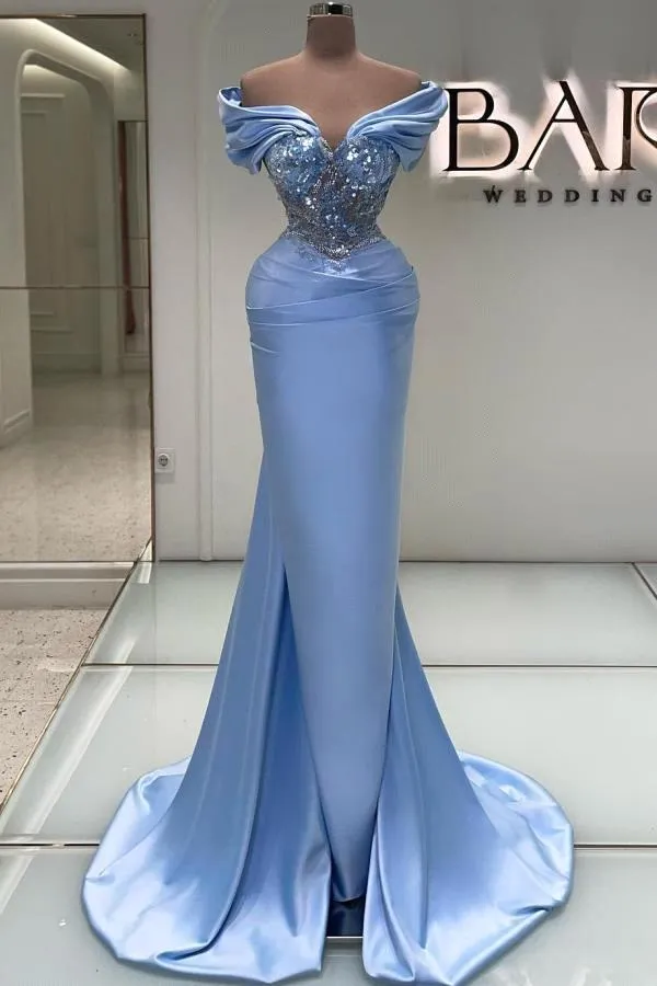 Stunning Sky Blue Arabic Dubai Evening Dresses Sexy Mermaid Off Shoulder Pleats Beads Appliques Prom Gowns Vestidos de BC18457