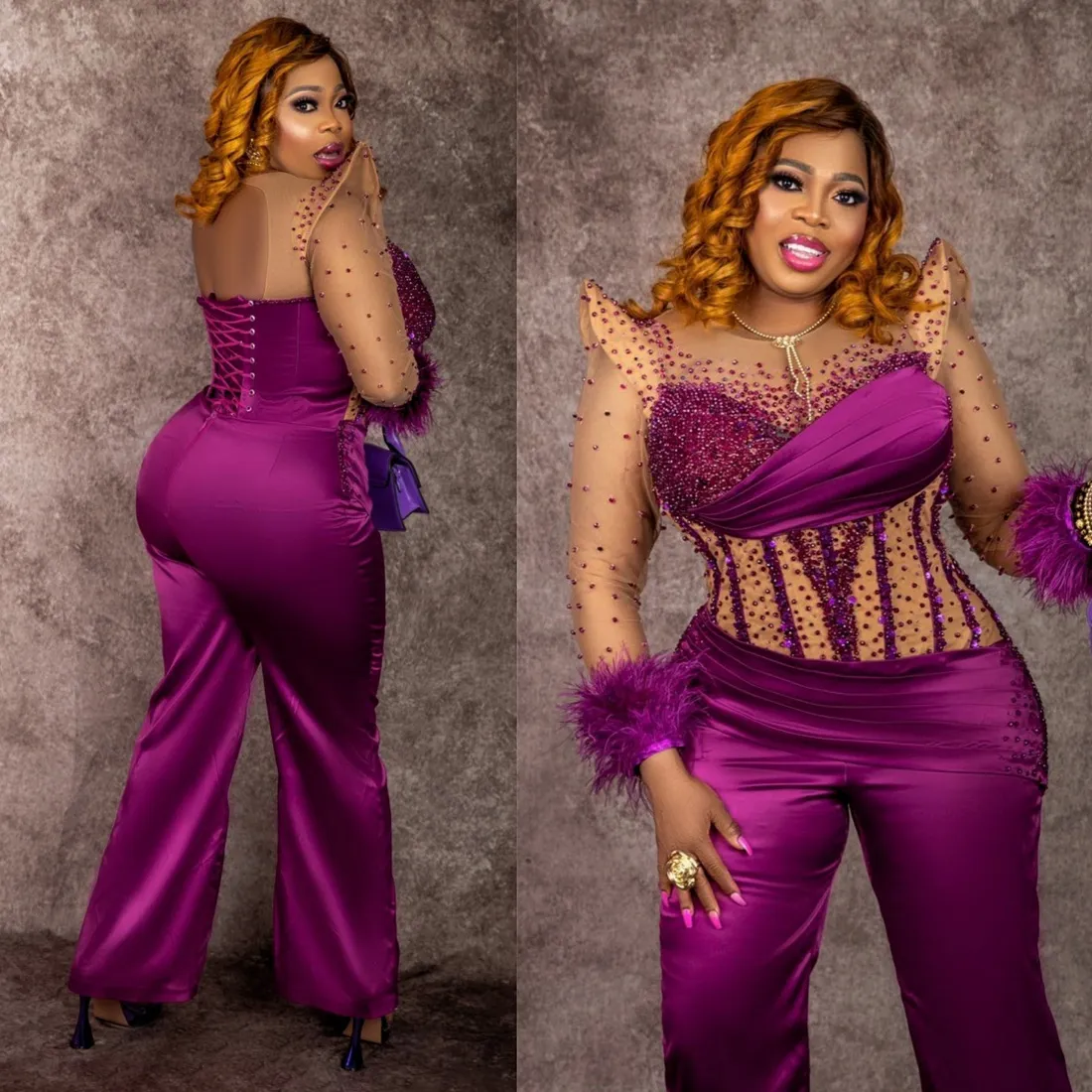 2024 Plus Size Aso Ebi Prom Dresses For Black Women Purple Feathered Jumpsuits Long Sleeves Formal Gowns Beaded Illusion Birthday Dresses Reception Gown AM588