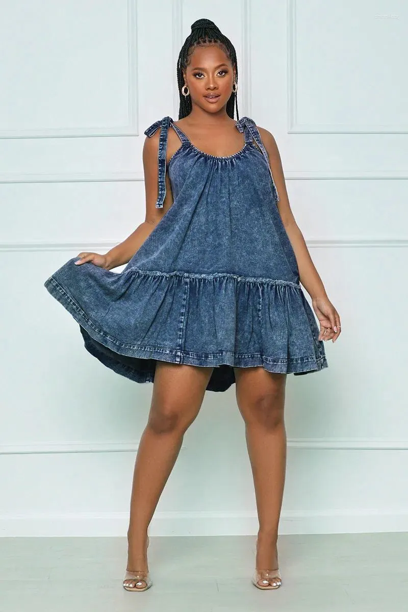 Vestidos casuais echoine lace up u-pescoço plissado mini vestido azul denim sem mangas solto sexy vintage vestidos feriados jeans verão