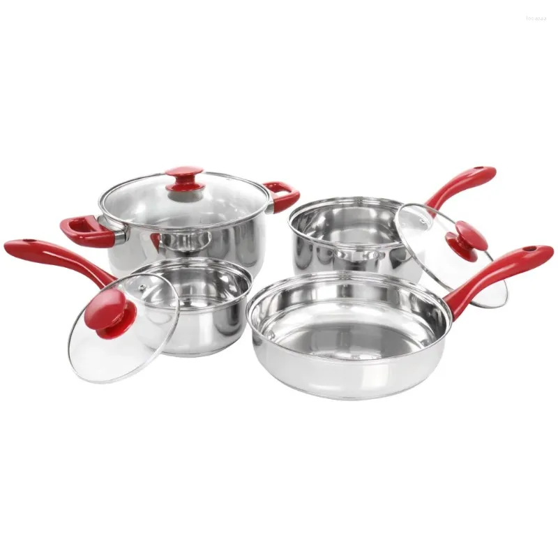 Kochgeschirr-Sets, Töpfe für die Küche, Pfannenset Crawson, 7-teiliger Edelstahl-Kochtopf in Chrom mit roten Griffen