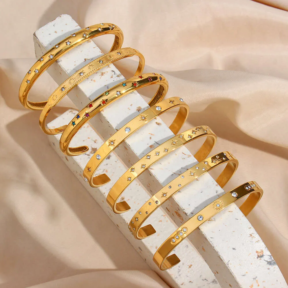 Instagram Fashionable and Minimalist Temperament Titanium Jewelry Stainless Steel Octagonal Star Round Zircon Open Bracelet for Women