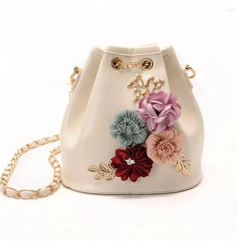 Schoudertassen 2024 Handgemaakte Bloemen Emmer Mini Met Ketting Trekkoord Kleine Cross Body Parel Bladeren Decals