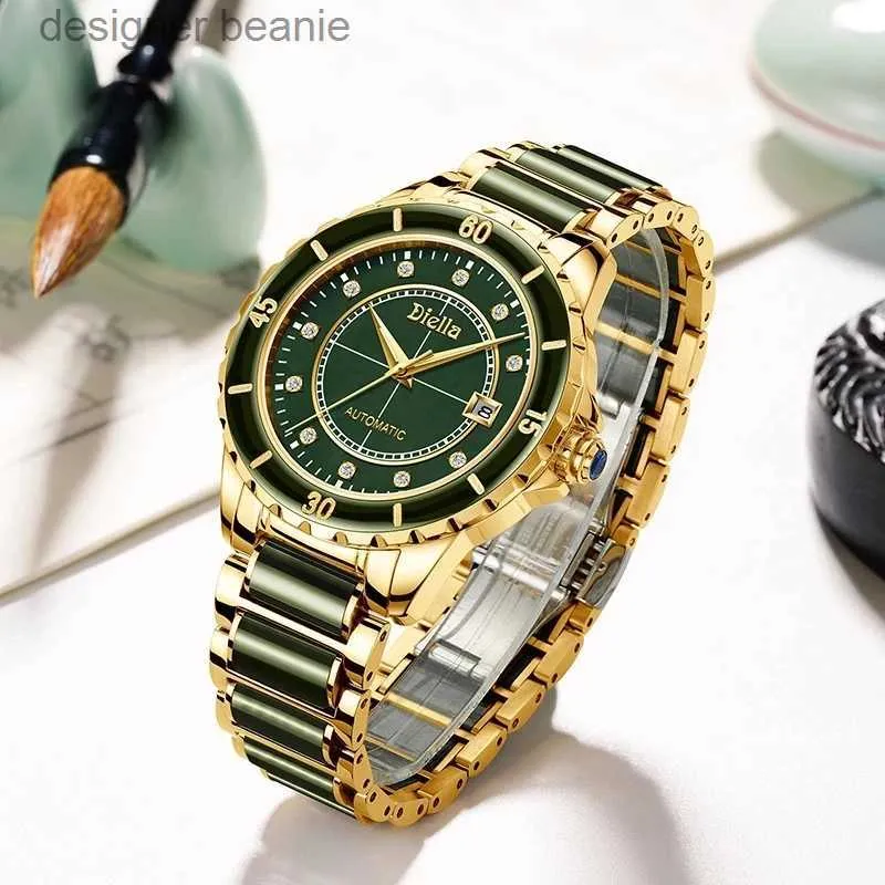 Нарученные часы Seakoss Jadeite Mechanical Mens Автоматические водонепроницаемые люминесцентные часы с золотой покрытой нержавеющей сталь